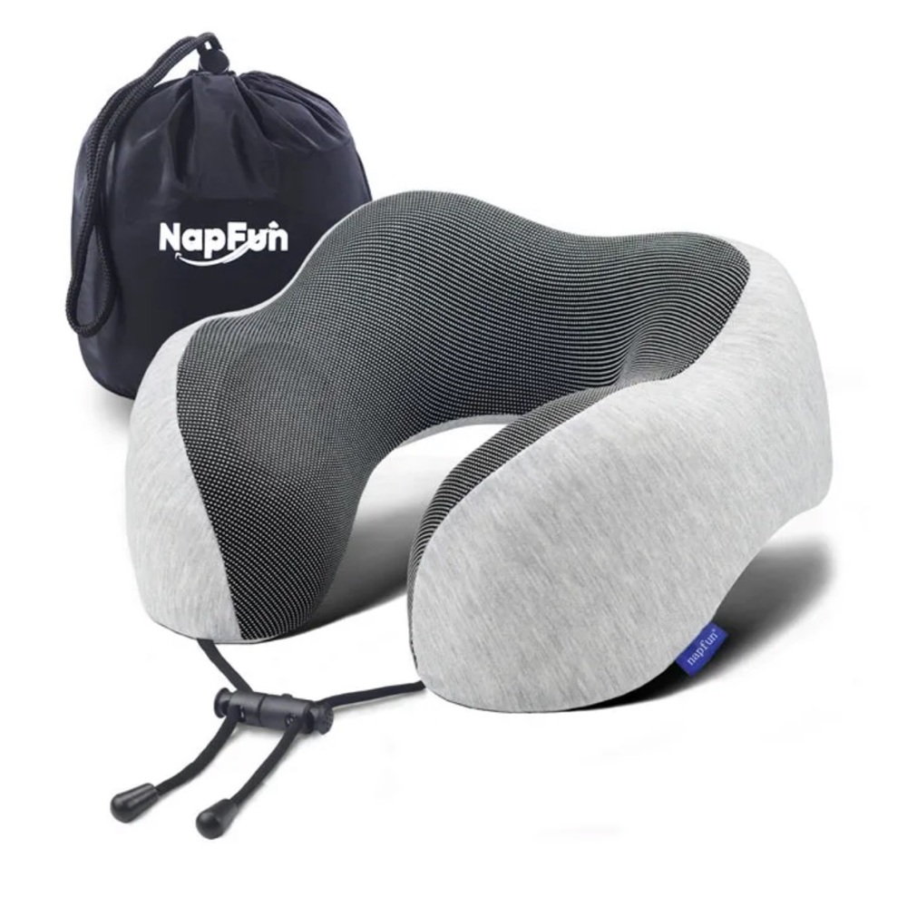 Napfun Neck Pillow in gray. Washable cover, zipper opening.